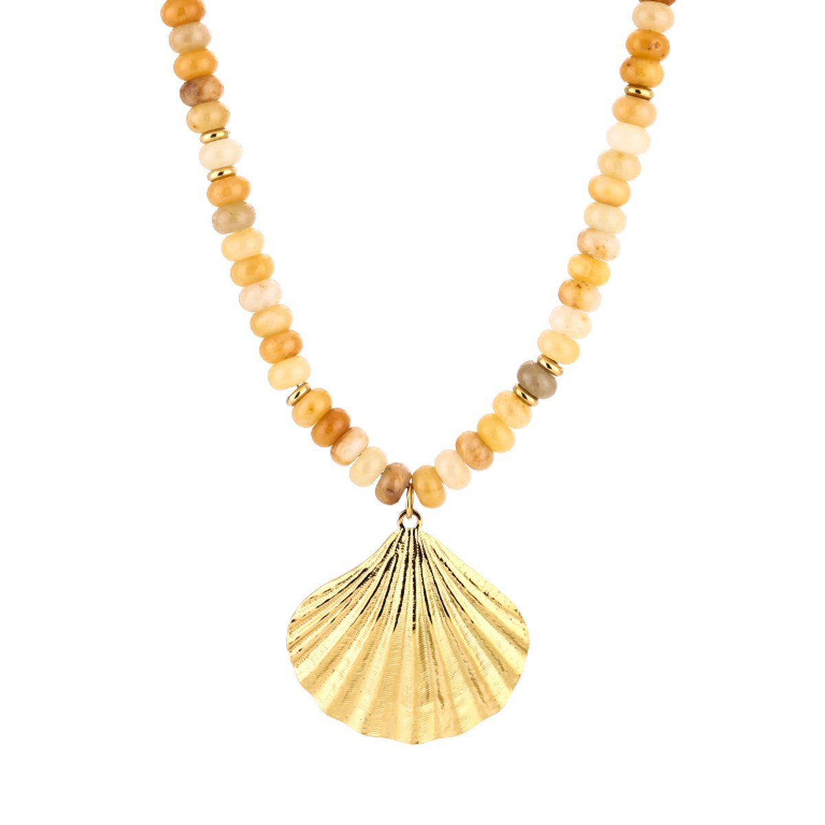 Beaded Shell Pendant Necklace – Luxe Kralen Ketting met Schelp – RVS - Geel