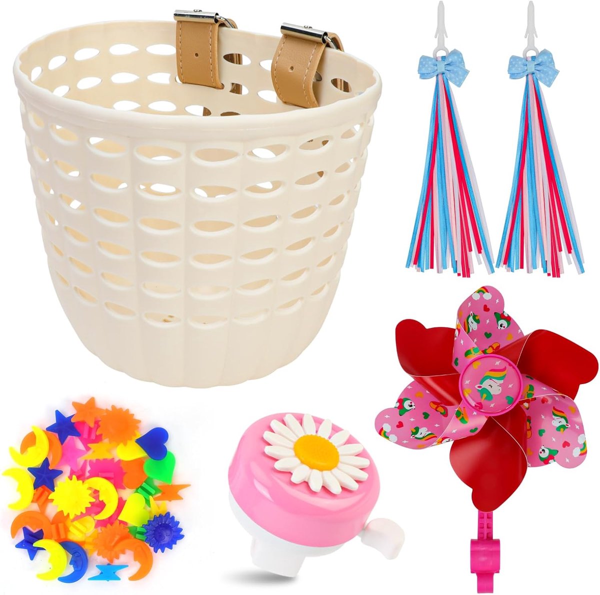 Fietsmandset voor kinderen, decoratieaccessoires voor kinderfietsen met spaakkralen, fietsmand van kunststof, fietsbel, fietswindmolen