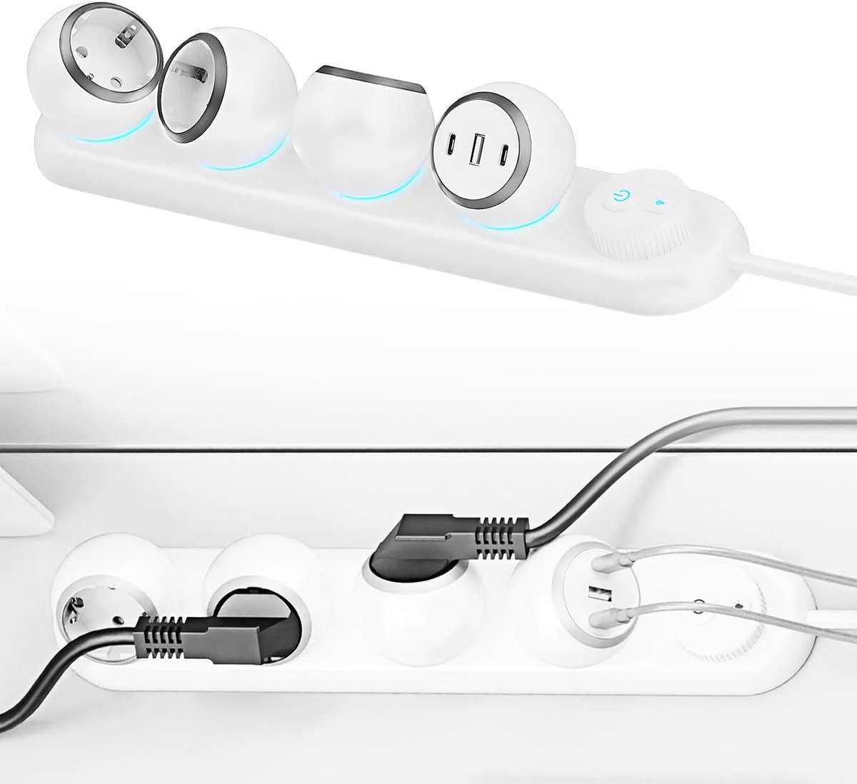 Stekkerdoos met 3 USB, schakelaar en omgevingslicht, 3-weg meervoudige stopcontact, 360° draaibaar, USB-stekkeradapter, overspanningsbeveiliging, verdeelstopcontact voor thuis of op kantoor