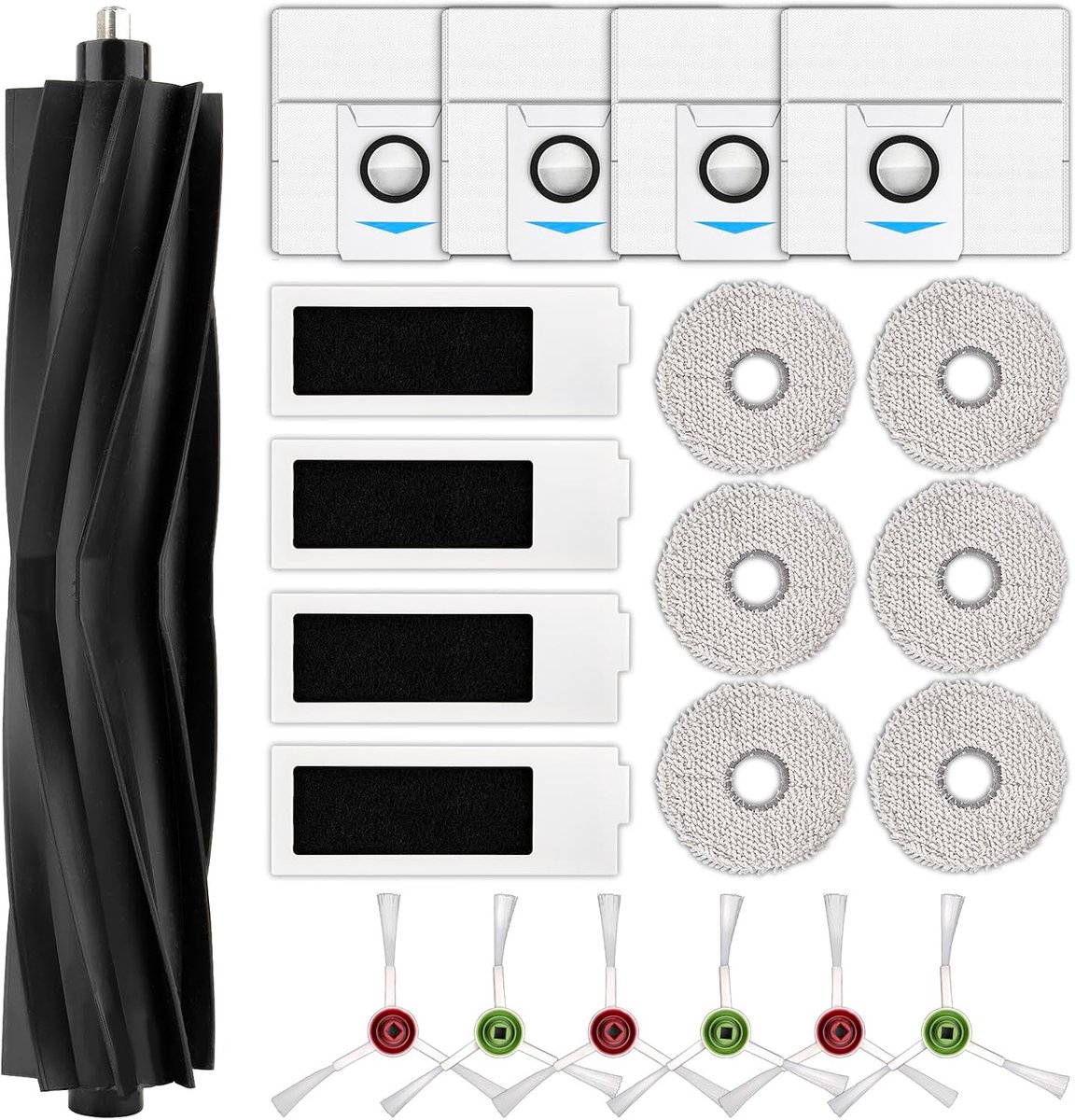 (21 Stuks) T20 Omni Vervangende onderdelen voor ECOVACS DEEBOT T20 Omni/ T20e Omni/ T20 Max/ T20 Pro robotstofzuiger, 1 rolborstel, 6 zijborstels, 4 stofzakken, 4 filters, 6 dweilpads, accessoireset