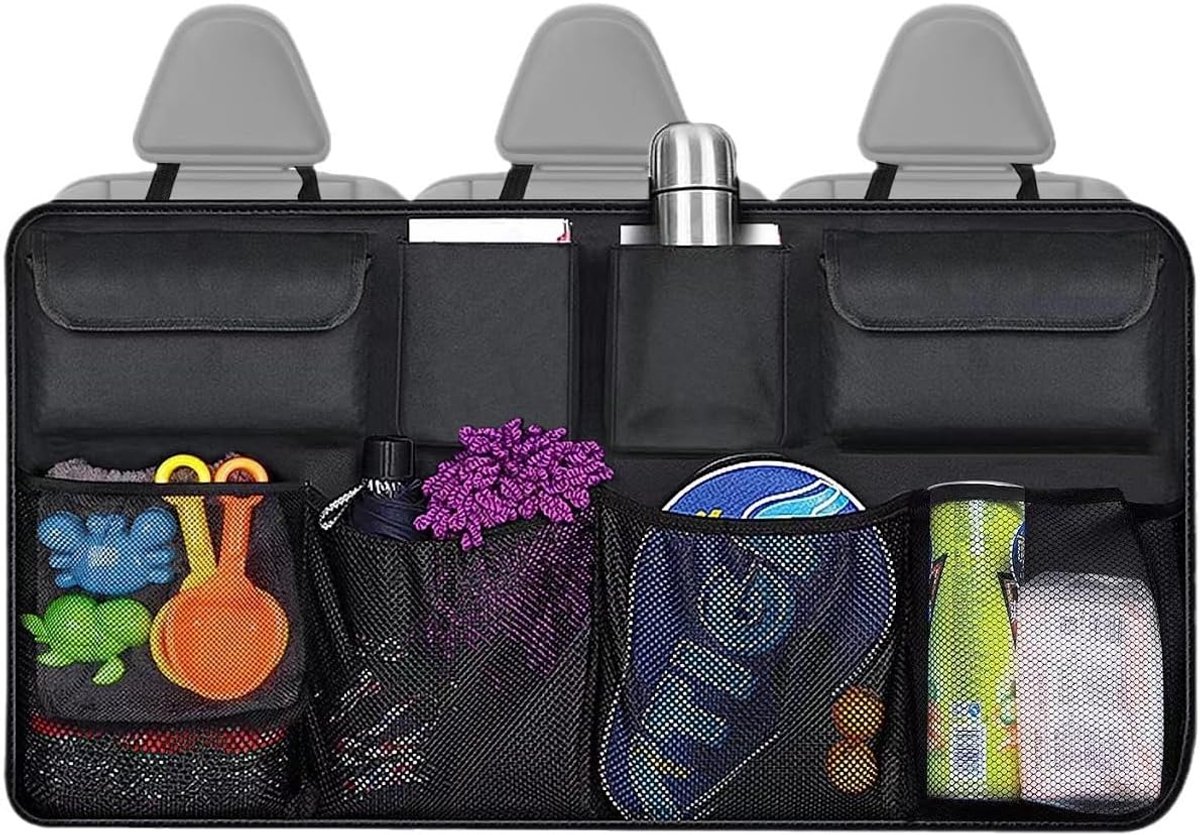 Kofferbakorganizer voor de auto, zwart, waterdichte opbergtas met veel zakken, sterk elastisch net en klittenbandsluiting voor SUV, MPV, limousine, combi, minivan
