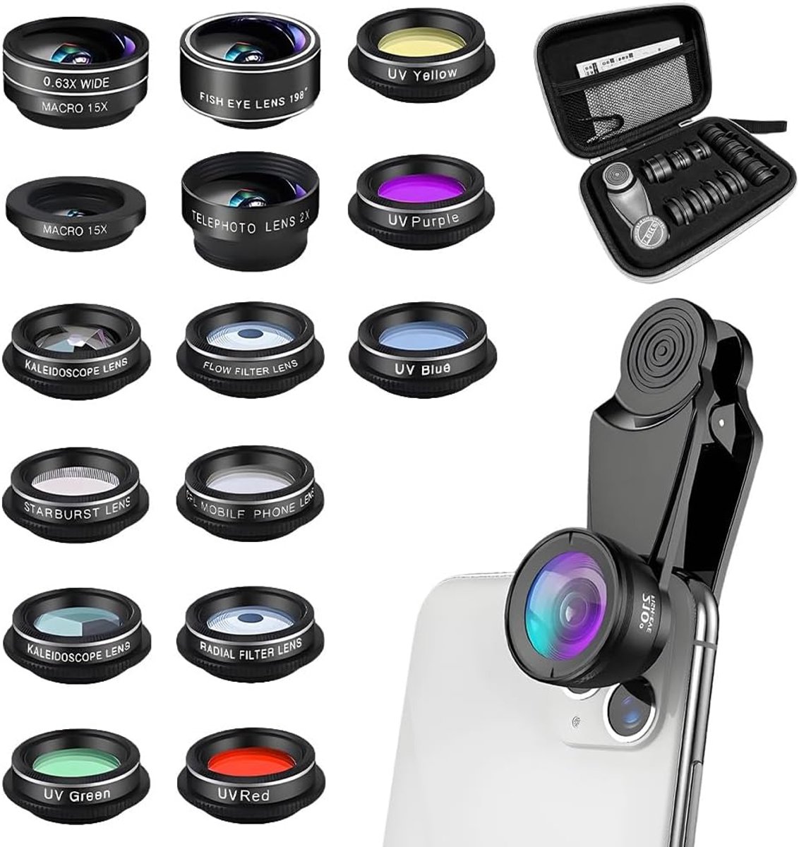 Mobiele telefoon camera set 15-in-1 - 198° fisheye lens - 15x macro lens - creatief fotograferen - SnelShoppen