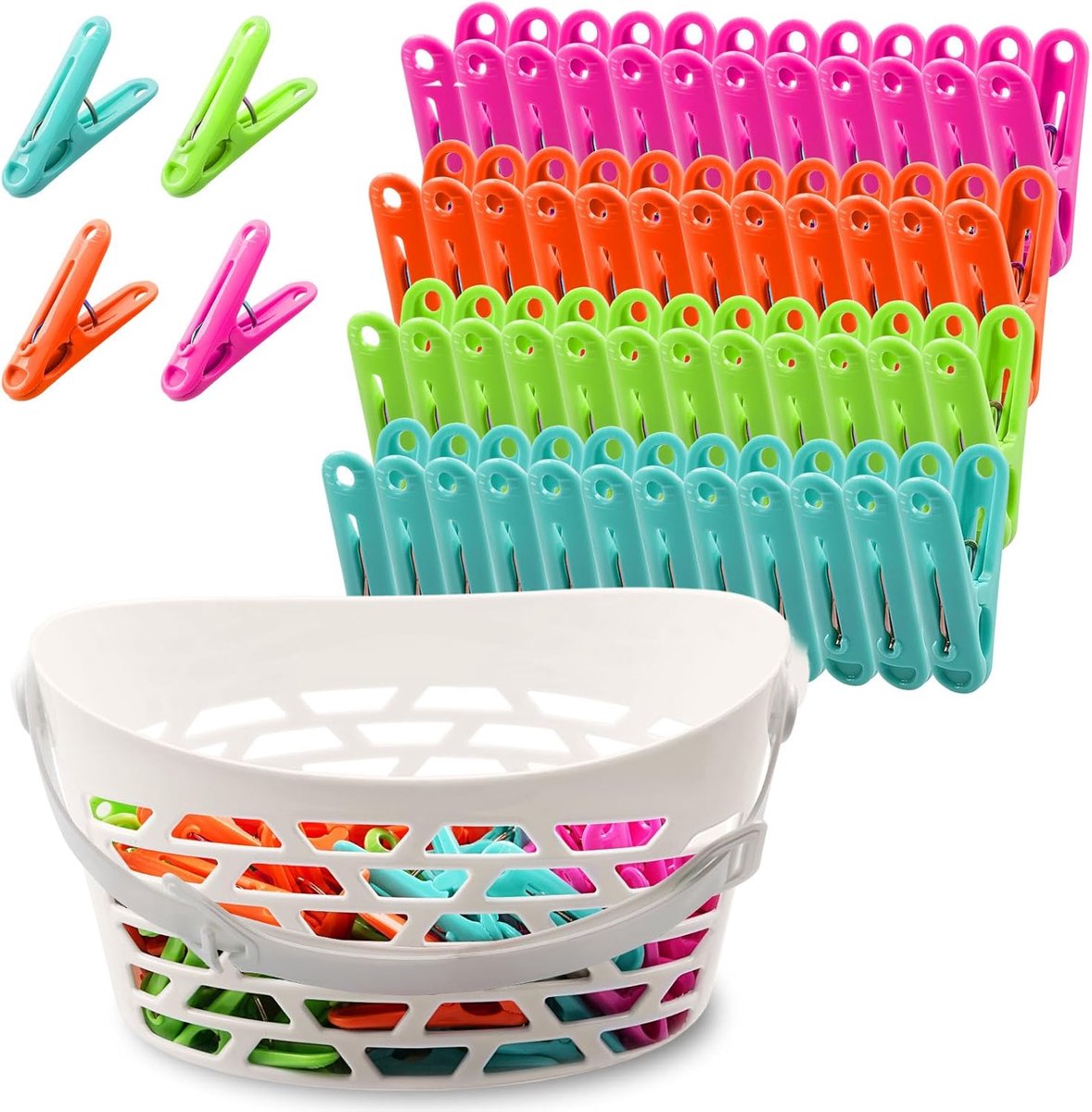 Wasknijpers, witte mand, verschillende klemmen (oranje, roze, groen, blauw)