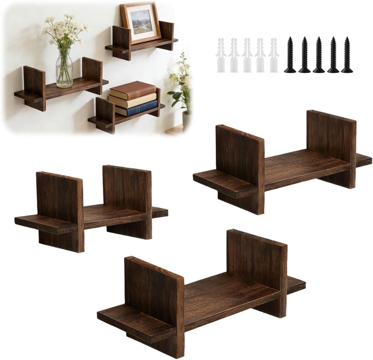 Zwevende houten wandplanken, zwevende planken, wandplanken, wandplank voor keuken, woonkamer, slaapkamer, badkamer, wanddecoratie, hangrek (bruin)