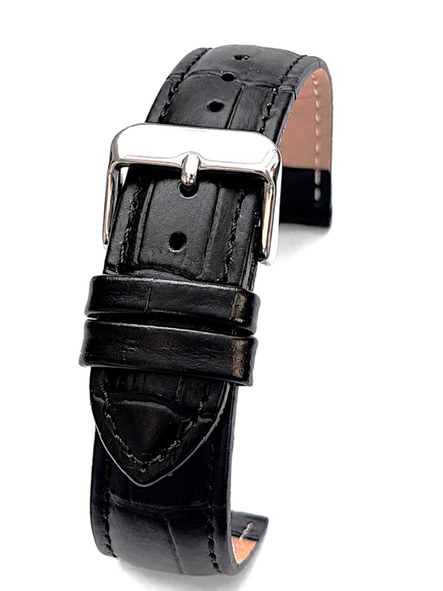 Horlogeband-Horlogebandje-22mm-Zwart-Echt leder-Gevuld-leer-Plat-Zacht-Soepel-Croco Print-Gestikt-Stalen Gesp-22 mm