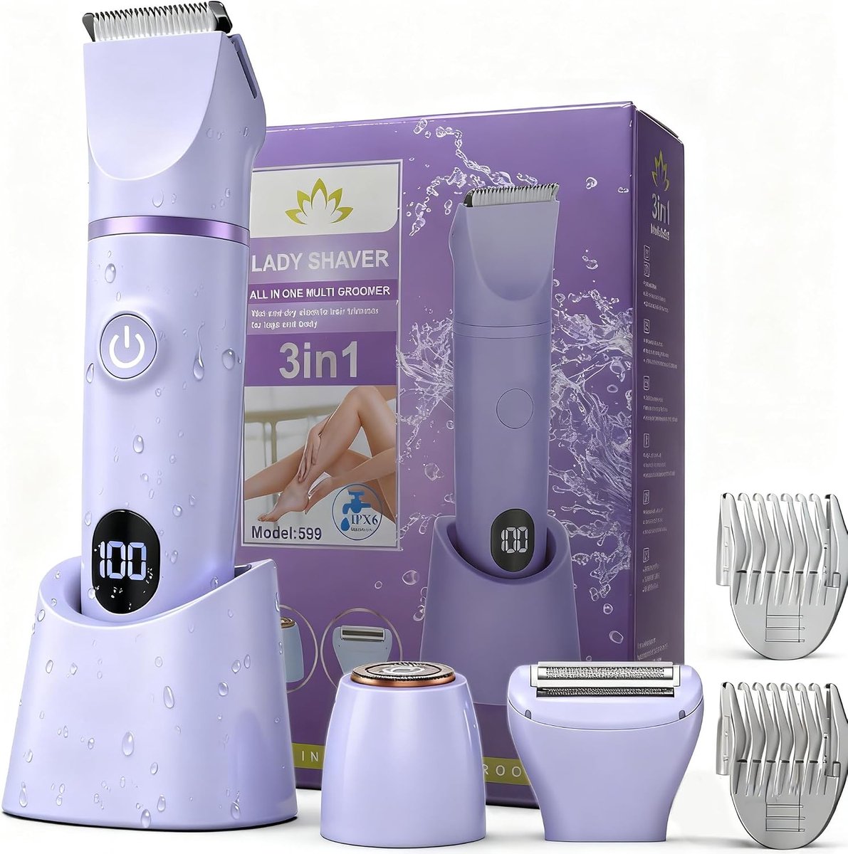 Dames Scheerapparaat 3-in-1 met Trimkammen - Bodytrimmer Waterdicht IPX7 - Ontharing Bikini en Lichaam Paars