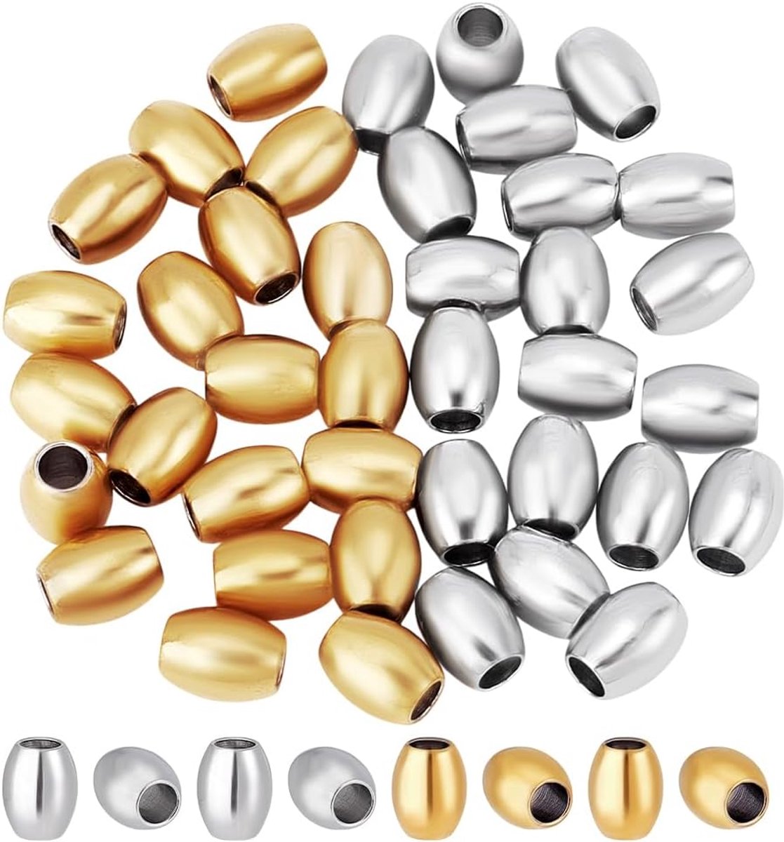 PandaHall 40 stuks roestvrijstalen spacer kralen gouden/zilver groot gat kralen Europese kralen 10x8mm ovale losse bedelkralen metalen kralen voor doe-het-zelf sieraden maken met 4 mm gat