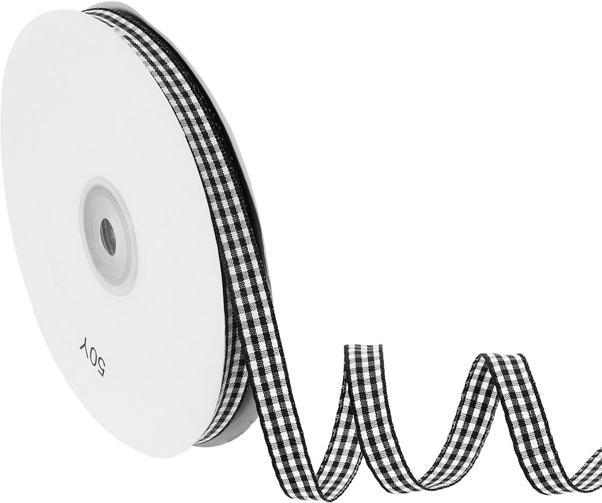 50 Yard x 8/8 Inch Gingham Lint, Plaid Lint Nylon Geruit Geschenkverpakking Strip voor Thanksgiving Strik Krans Craft Verjaardag Bruiloft, Zwart