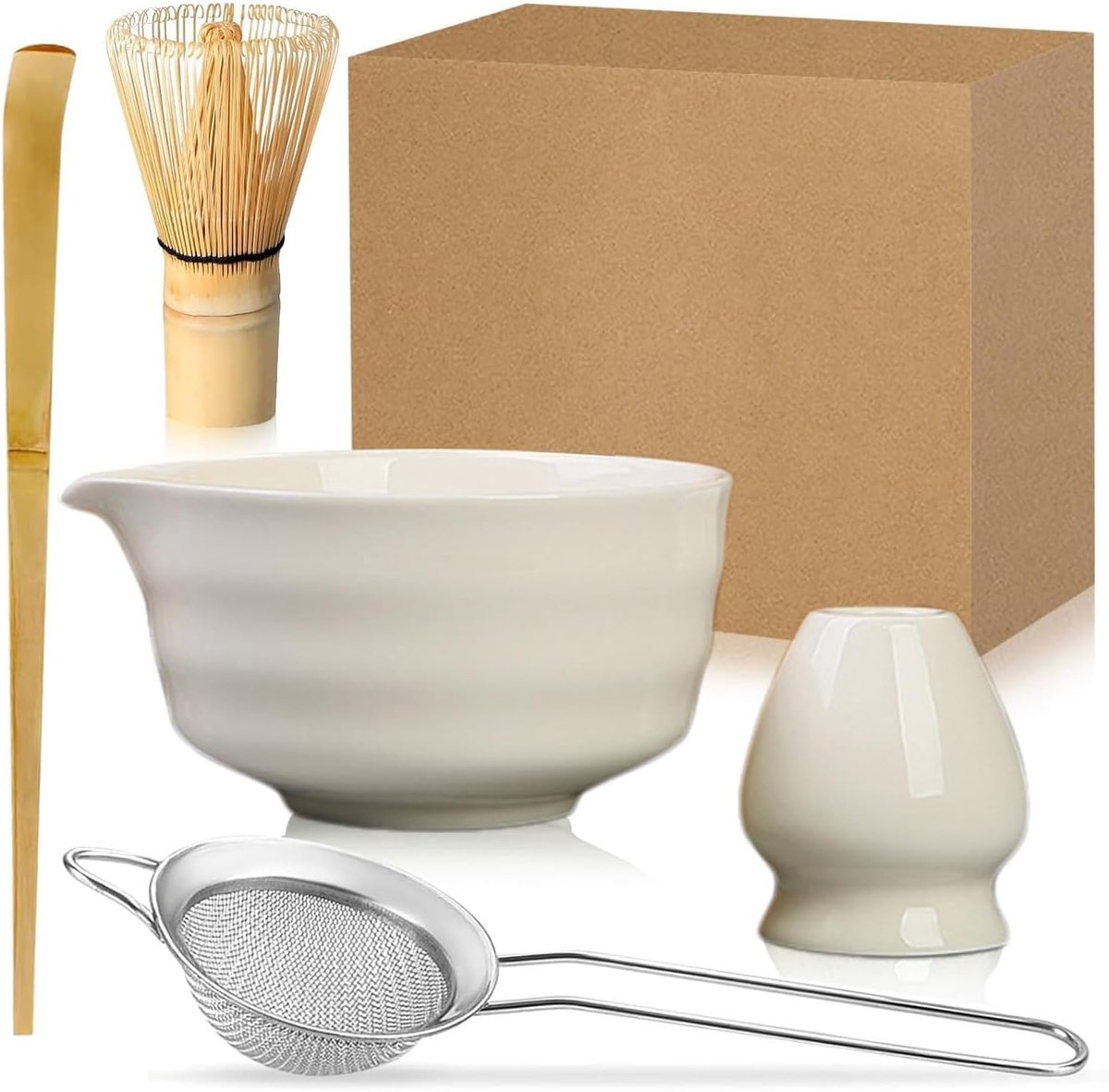 Matcha-set, 5 stuks, bamboe matcha bezem, keramische matcha schaal met schenktuit, matcha whisk, schep, zeef, matcha theeset zonder poeder, Ceremonial Matcha starterset (wit)