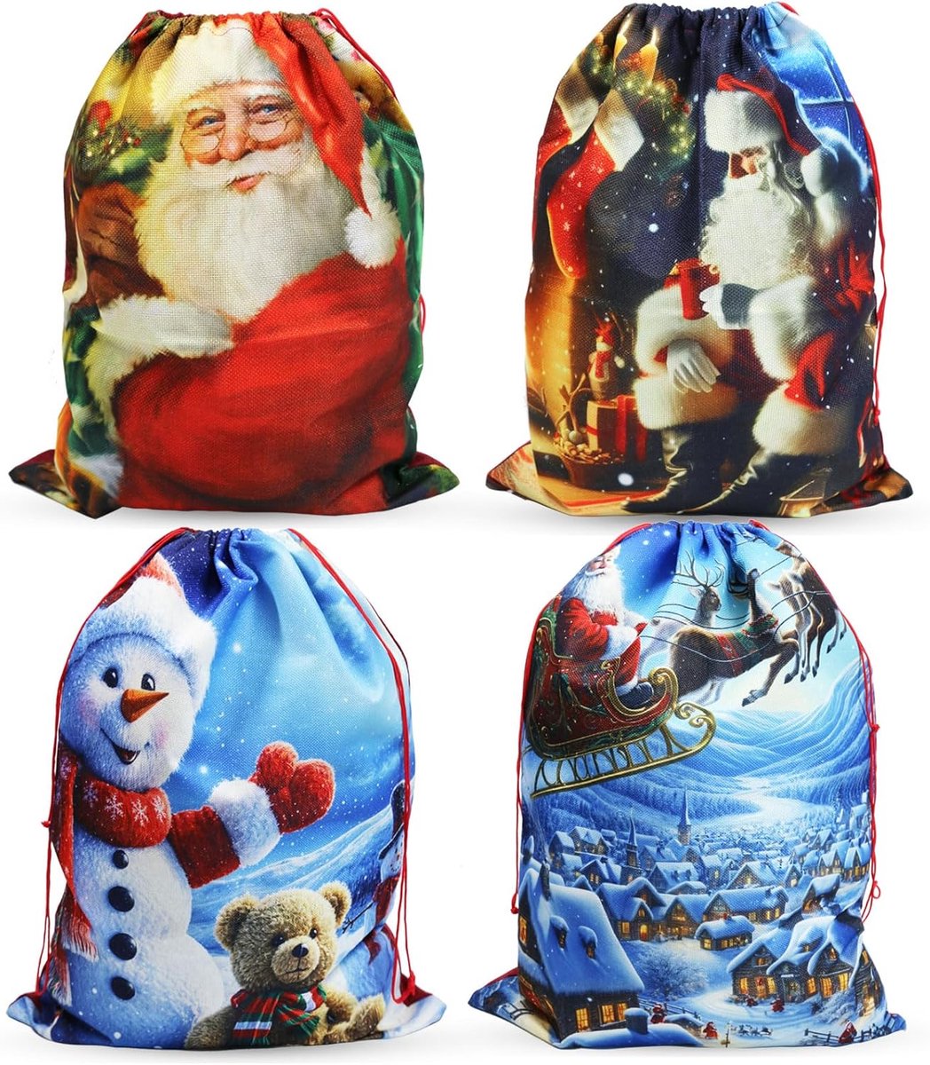 Verpakking van 4 kerstzakken - 35x50cm Medium kerstcadeautassen met trekkoord - Luxe herbruikbare zakken voor kerstcadeaus en decoraties.