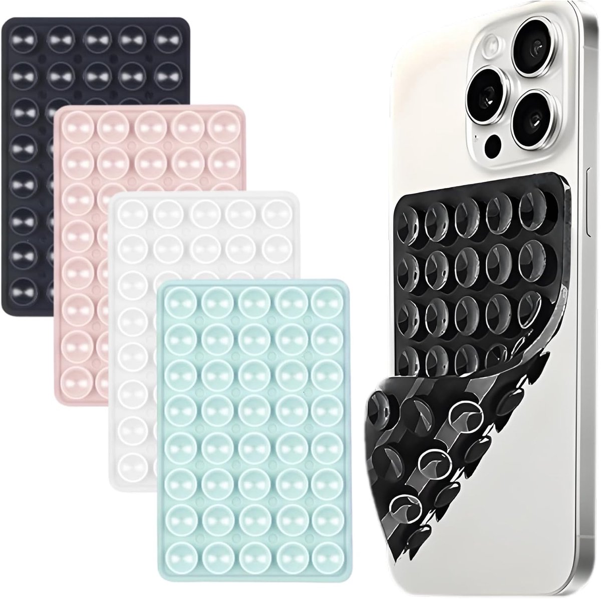 4 stuks siliconen zuignappen, dubbelzijdig, zuignap voor mobiele telefoon voor selfies en video's, mobiele telefoon zuignaphouder voor alle mobiele telefoonmodellen (wit, zwart, roze, groen)