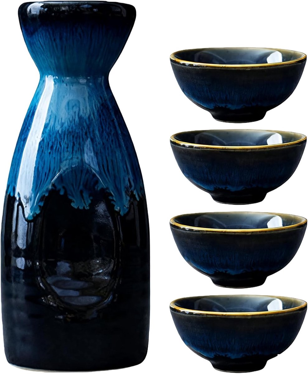 keramiek sake-set, 5-delig. Japanse sake set met 4 sake-bekers, 1 sake-pot, sake-potset uit keramische bekers, likeurset porselein, sake-bekerset voor thuis, theehuis, kantoor, restaurants