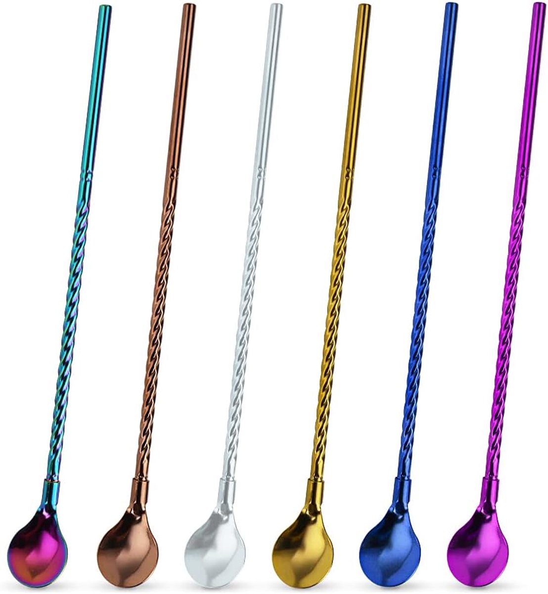 6 stuks roestvrijstalen lepelrietjes, rietje met lepel, 22 cm, ijsthee, ijslepel, rietje, lepel, koffielepel, cocktailroerlepel, herbruikbaar, voor koude drank