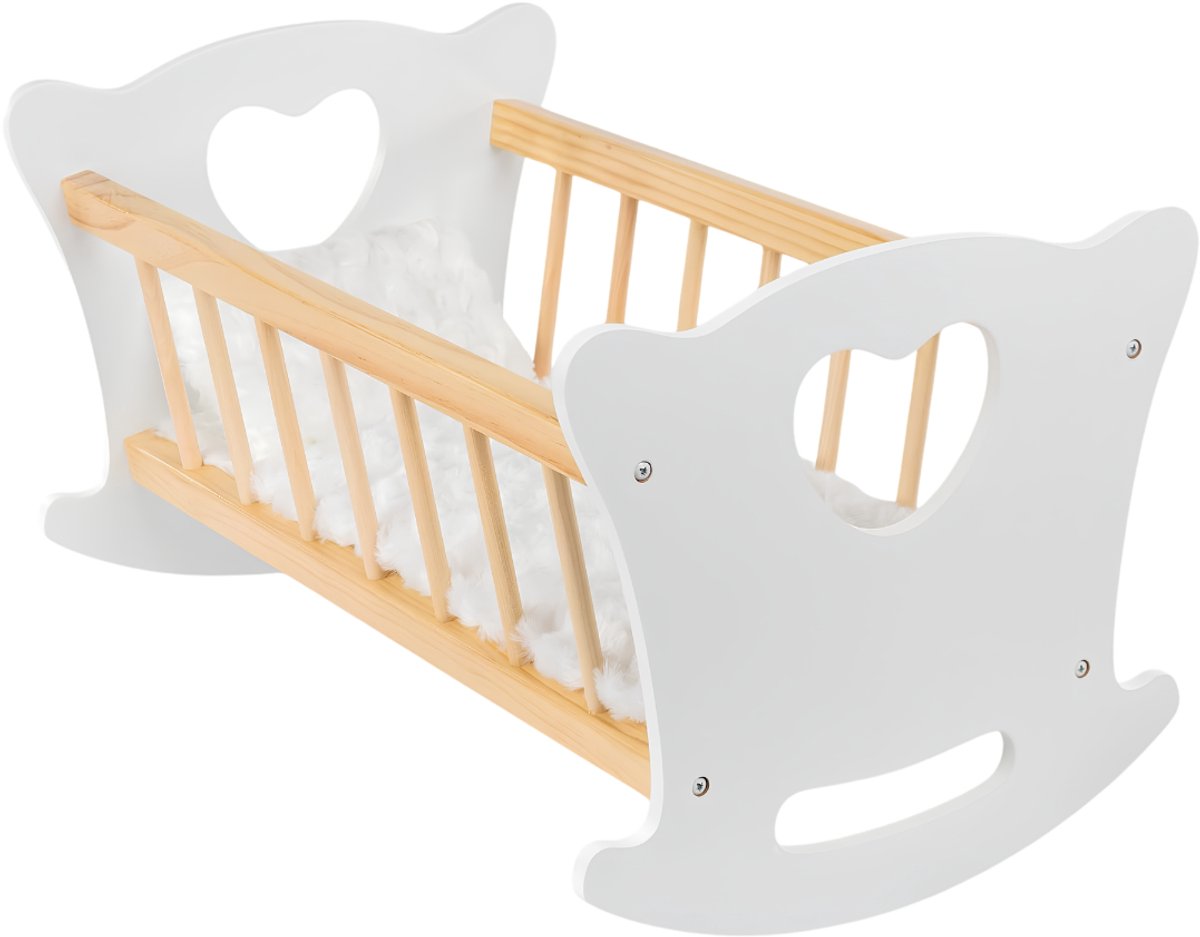 Lìon® Poppenbed - Poppenbedje - Bed voor Poppen - Wit/Bruin - 39cm x 35cm x 10cm