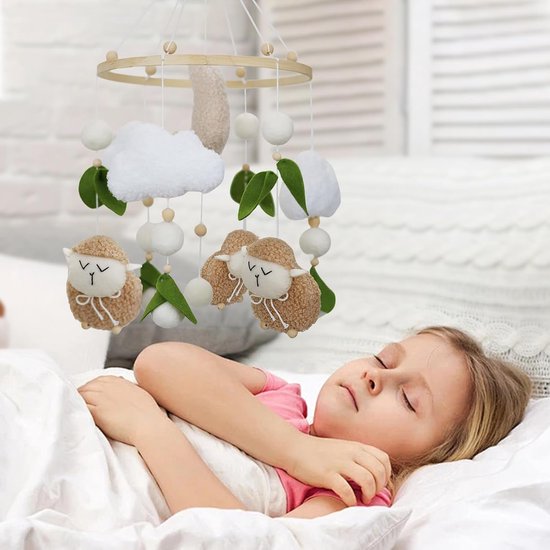 Mobile baby windgong, 3D schapen, maan wolken, mobiel baby hout met vilten ballen, bedbel, hanger voor babybed — afbeelding 5