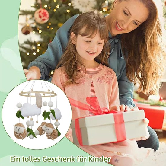 Mobile baby windgong, 3D schapen, maan wolken, mobiel baby hout met vilten ballen, bedbel, hanger voor babybed — afbeelding 4