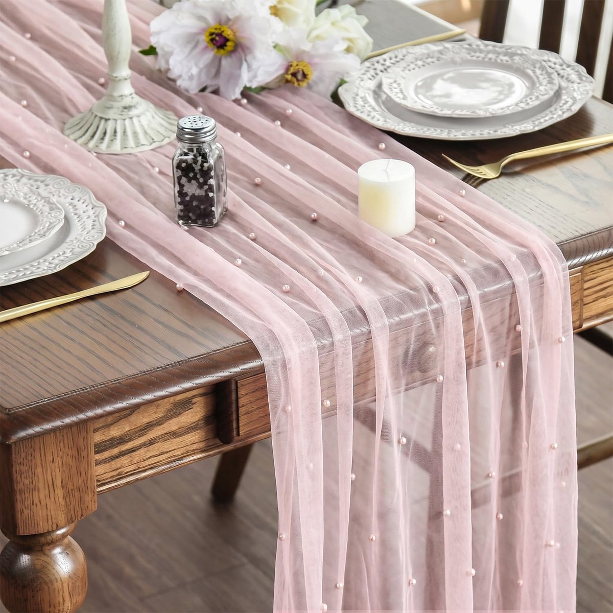 Mode Tafelloper in roze tule met parels - 70 x 300 cm - Decoratie voor keukentafel, binnen, vakantie, bruiloft, verjaardag, feest