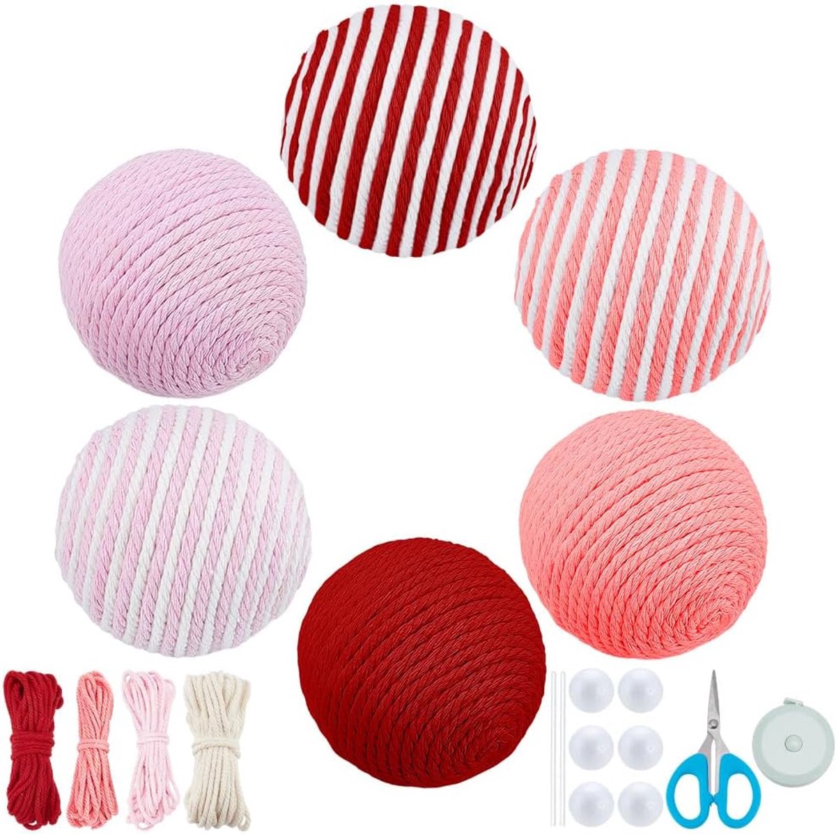 Set van 6 set Valentijnsdag macramé touw ballen kit roze wit macramé kit voor beginners touw omwikkeld Valentijnsdag ballen kom vuller set vakantie decoratie puppy werpbal 6 cm