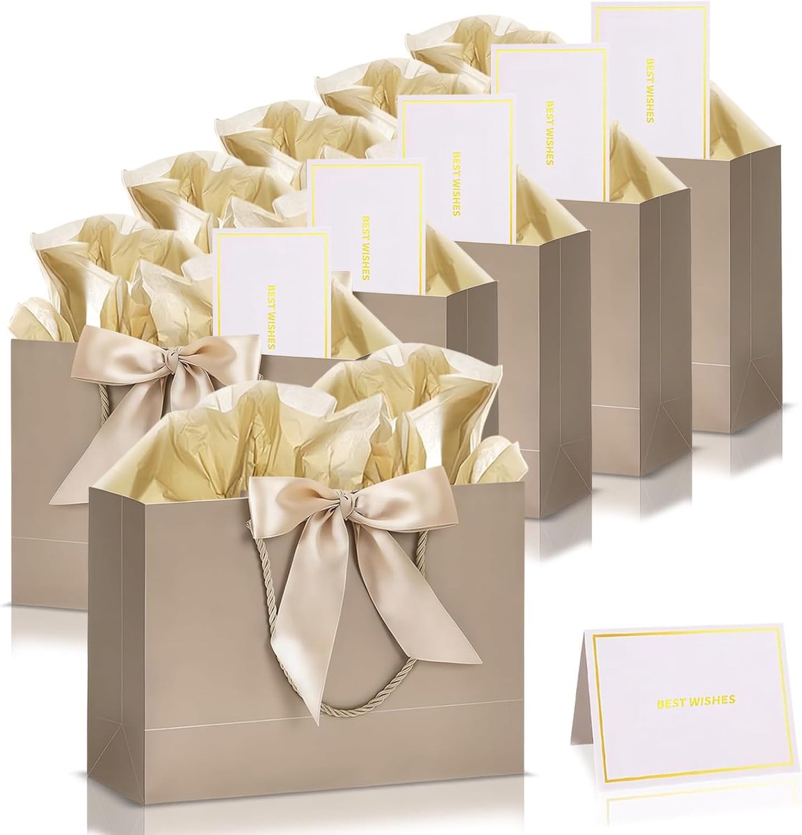 Cadeauzakjes met strik, 6 stuks geschenkzakjes van papier met handgrepen, champagnegoud, 6 linten, 6 wenskaarten, 12 zijdepapier, verpakking geschenken voor verjaardag, bruiloft, feest, boogpapier