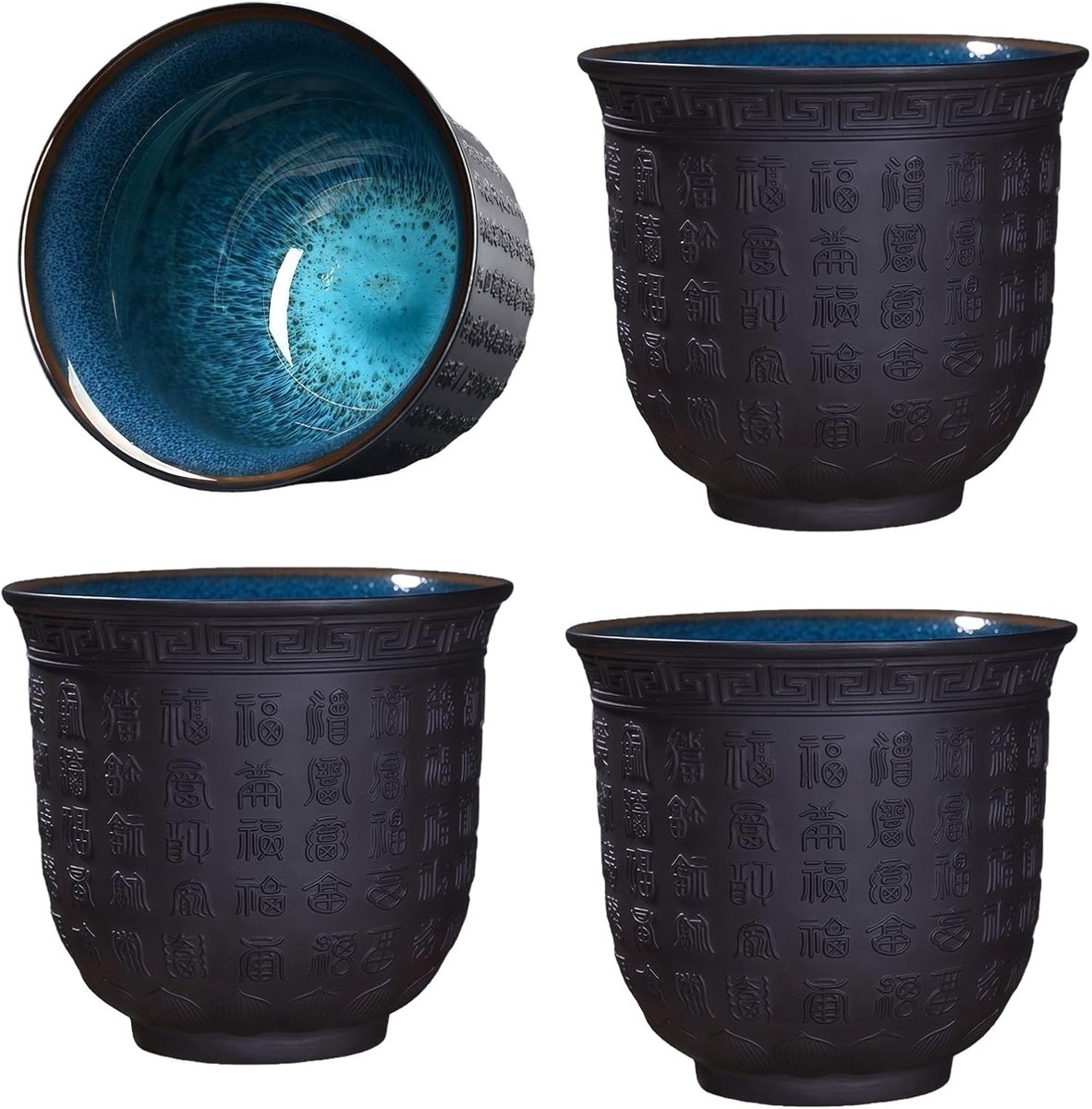 Set van 4 kleine Aziatische keramische theekopjes: Chinese mokken zonder handvat met tekst, vaatwasmachinebestendig, paars zandhart Sutra kopjes voor thee, sake, espresso, koffie (165