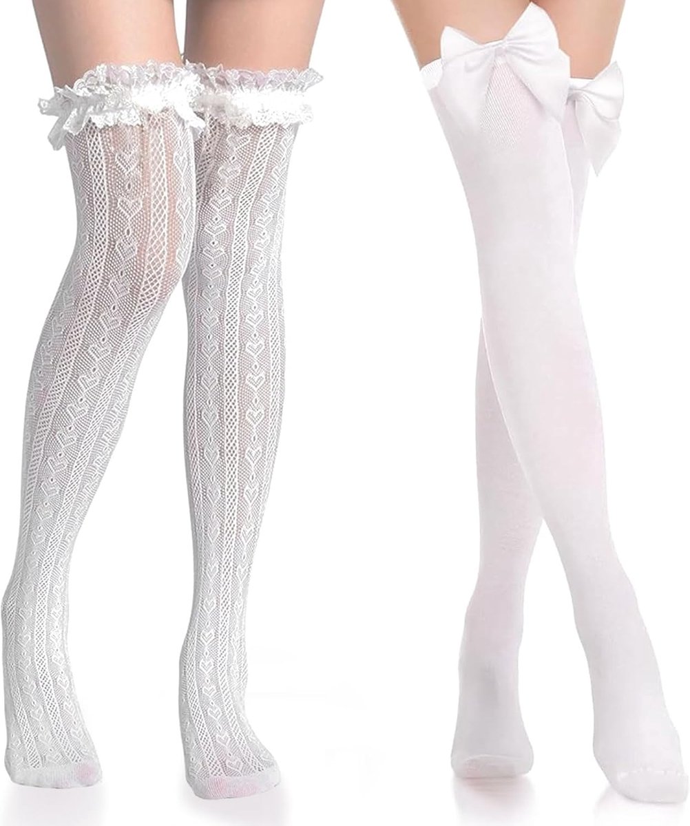 2 paar lange strikkousen, overkneekousen voor dames, satijnen strikkousen voor vrouwen, ondoorzichtig, witte kniekousen, dijkousen, kerstkostuum, accessoires, highs-kostuum (witte strik)