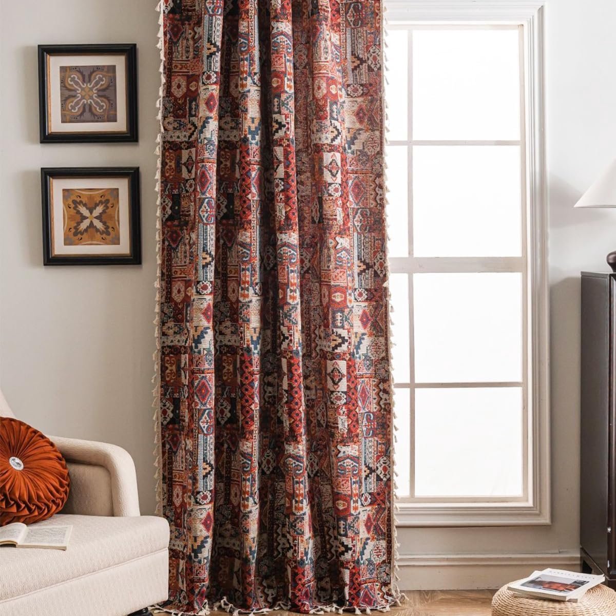 vintage gordijnen, geometrisch, ondoorzichtig, rood, linnenlook, boho, etno, jacquard, katoen, gordijn met kwast, roedezak, voor woonkamer, slaapkamer, 1 stuk, 150 x 240 cm (b x h)