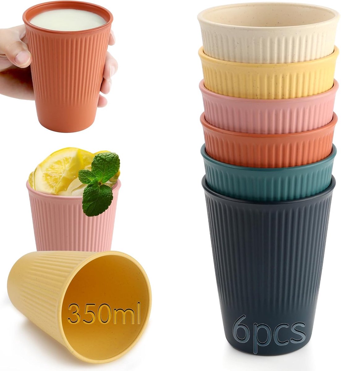 Set van 6 herbruikbare bekers 350 ml plastic bekers herbruikbaar van gezond PP beker plastic BPA-vrij kunststof beker 6 donkere kleuren koffiebeker plastic beker kunststof beker magnetron