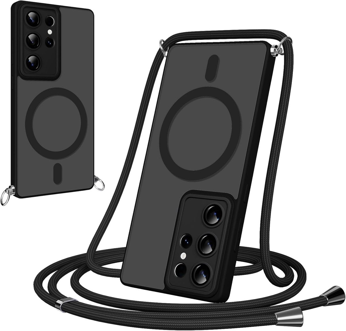 Magnetische telefoonhoes met koord voor Samsung Galaxy S25 Ultra 5G, hoes met ketting, doorschijnend, met camerabescherming, verstelbare en afneembare ketting, crossbody magnetische cover