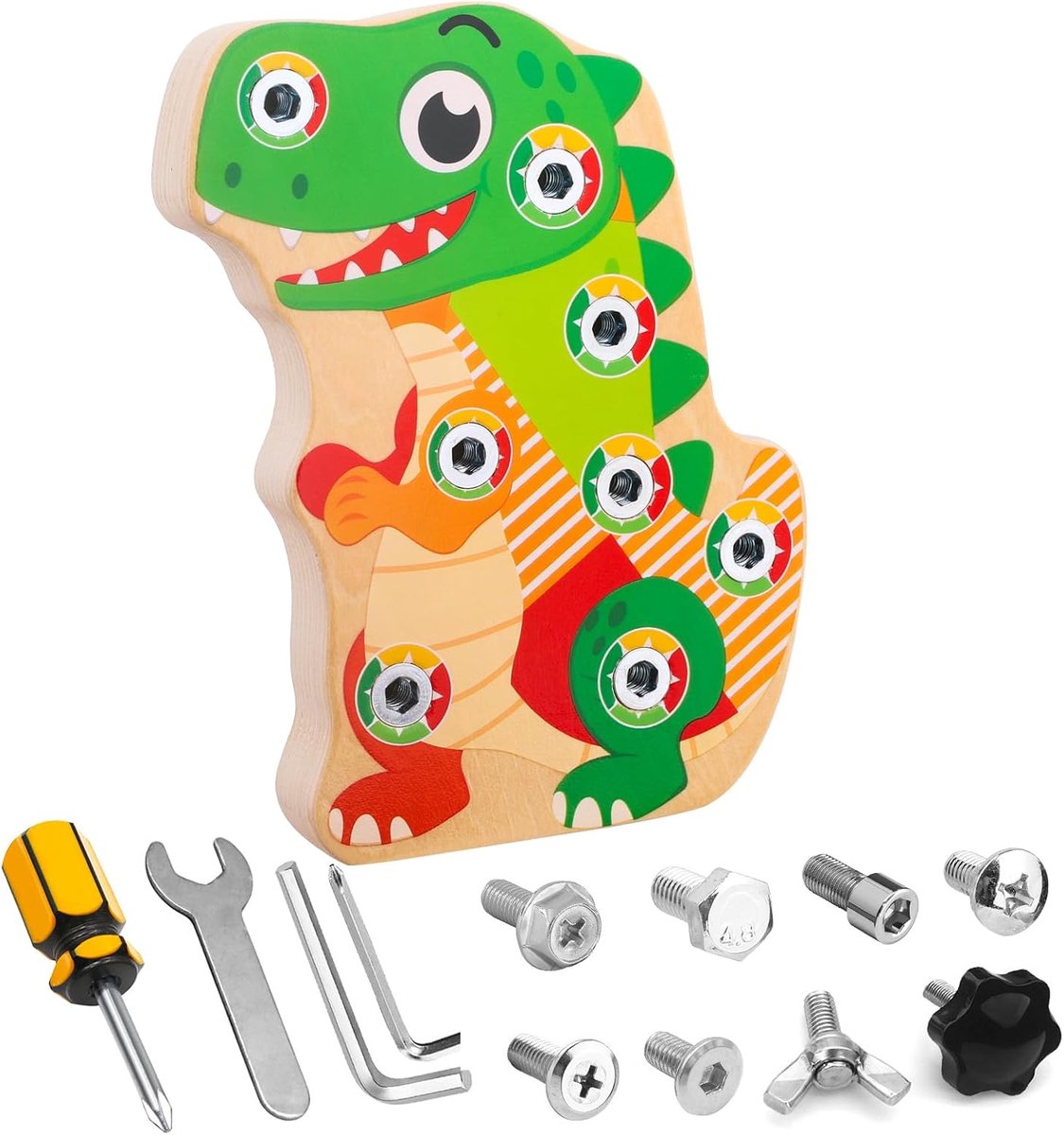 Dinosaurus Schroefspel, 8 Schroeven en 4 Gereedschappen, 3+ | Verschillende schroefkoppen herkennen, passend gereedschap kiezen en herhaald los- en vastdraaien voor fijne motoriek