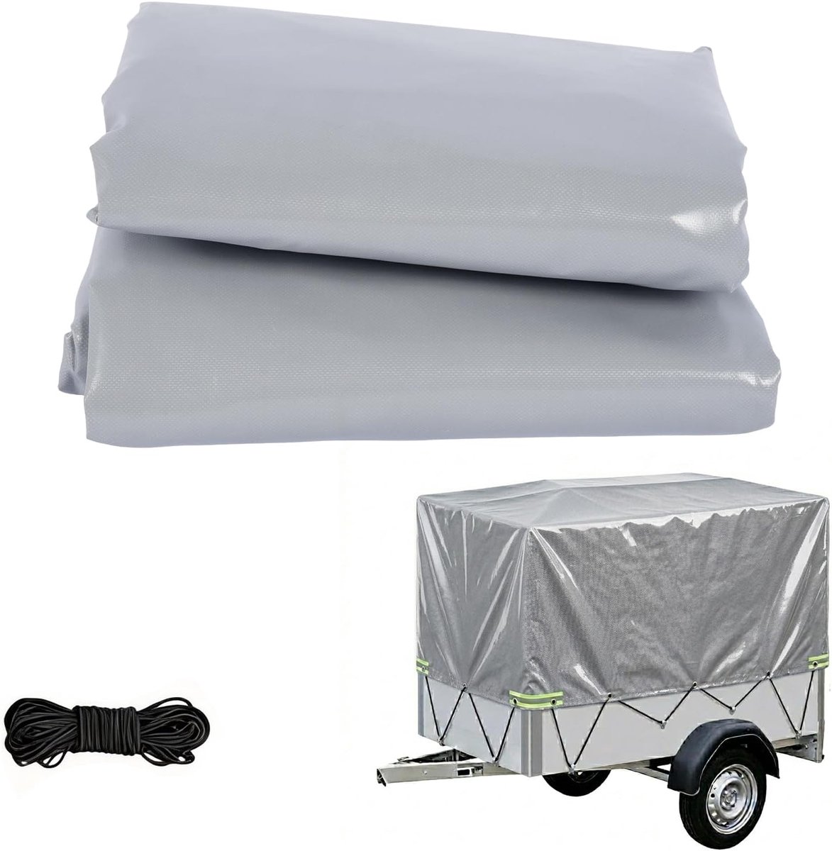 210 x 114 x 90 cm, extra sterk, 500 g/m², pvc, vrachtwagenzeil, waterdicht en scheurvast, grijs, met 4 reflecterende strepen, aluminium ogen en 6 mm expandertouw, professioneel