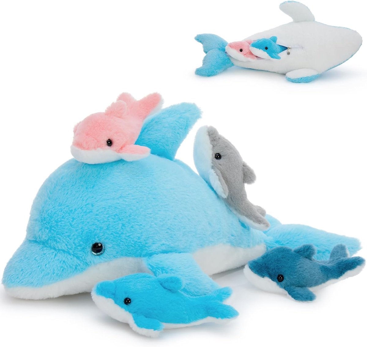 5 stuks dolfijn pluche knuffeldier, 52 cm, enorme blauwe dolfijn knuffeldier, XXL met 4 baby's in de buik, dolfijn, verjaardagscadeau of kerstcadeau voor kinderen