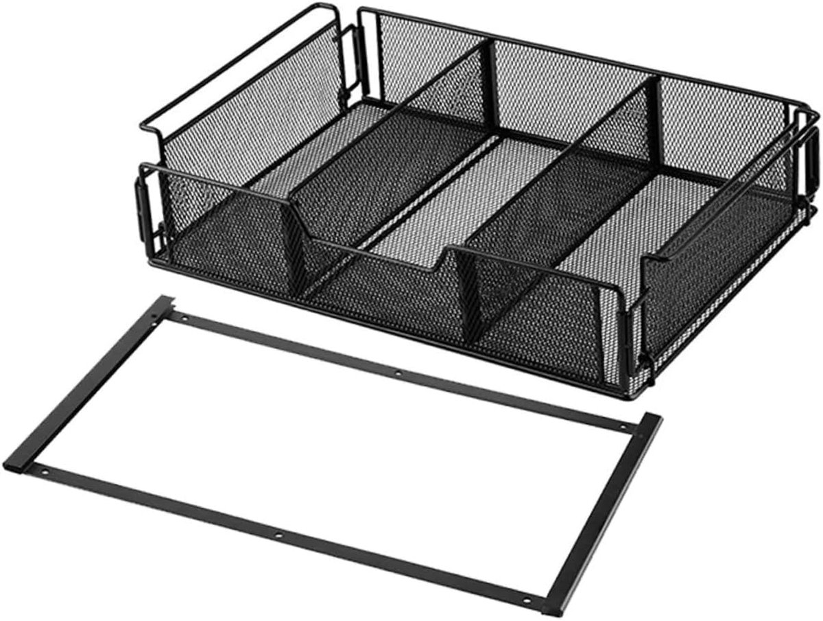Bureau-organizer met lade en tijdschriftenhouder, metalen bestandshouder voor kantoororganisatie, zwarte ijzeren gaasmand voor bureauopslag