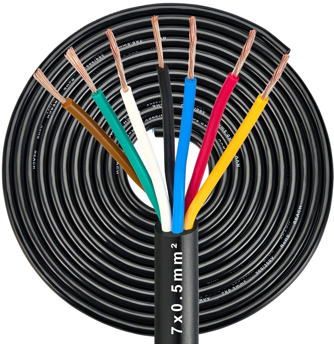Kabel voor Aanhanger 7-aderige 0,5mm², Flexibel Rond Koper Elektrische Draad 12V/24V, 5M 7-polige Kabel voor Aanhangwagen, Caravans Aanhangerlampen, RoHs Reach Goedgekeurd