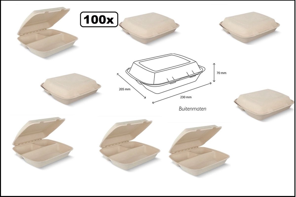 100x Menu box suikerriet 3 vaks - kleur bruin - Maaltijd eten food bak vakken menu afhaal