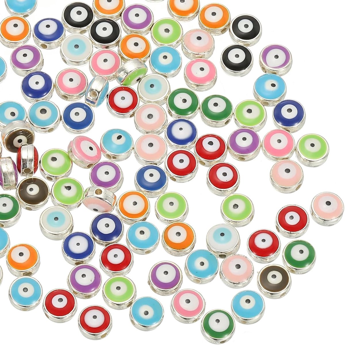Kralen, 100 stuks platte ronde Turkse boze oog charme met zilveren rand spacer kralen oogbal kraal voor armband DIY ketting oorbellen maken, mix kleur
