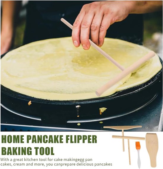 Spatel, 4-delige pannenkoekenspatel, houten pannenkoekenspatel, strooier, crêpe hark, pannenkoekendraaier en deegstandaard, gereedschap voor het verspreiden van pannenkoeken — afbeelding 2