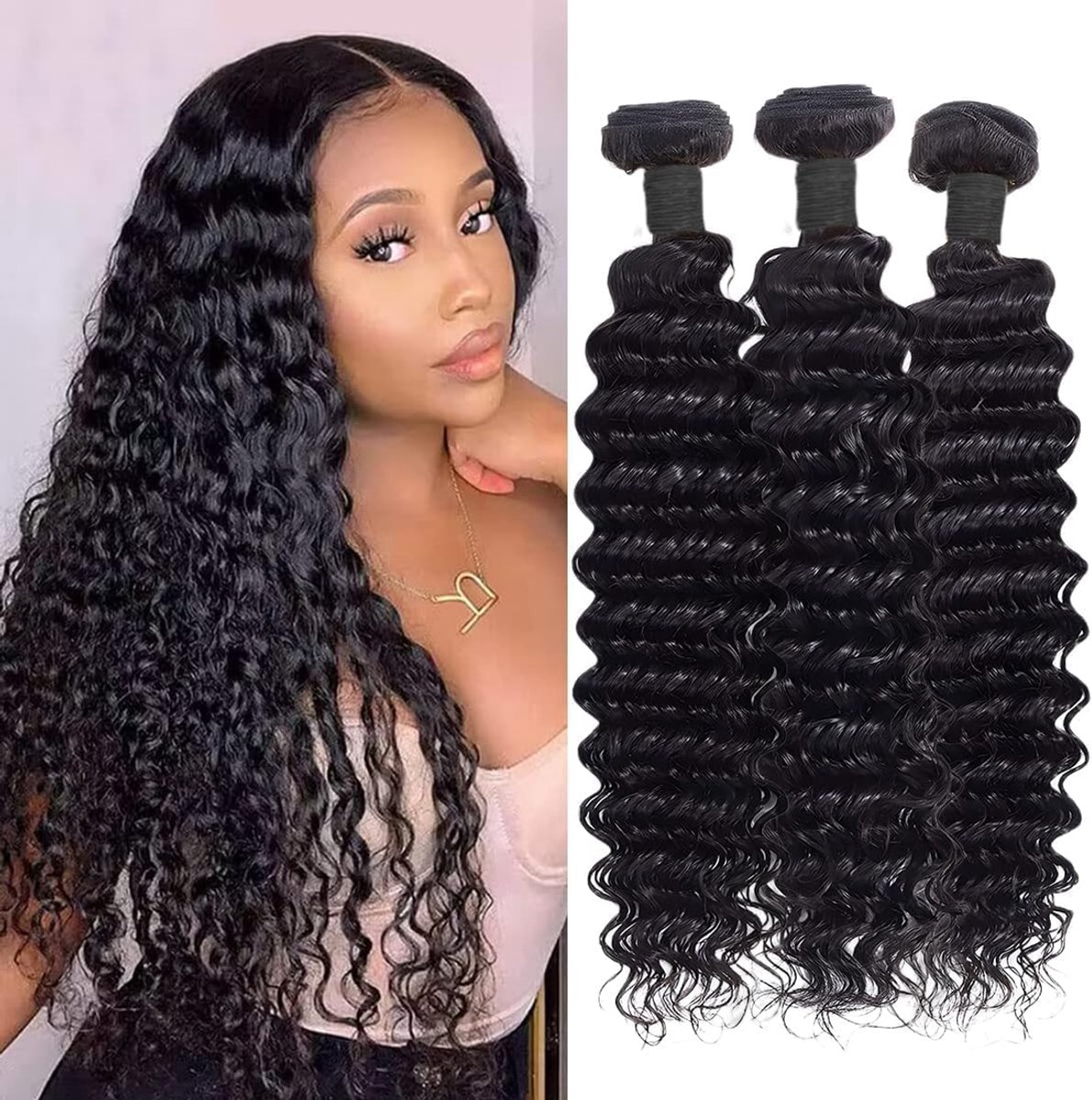 Wave Bundles Human Hair Double Weft Weave Wavy Curly Hair Bundles 100% Unprocessed Virgin Weave Human Hair 3 Bundles Natural Black Color total 210g (16 16 16 inch)