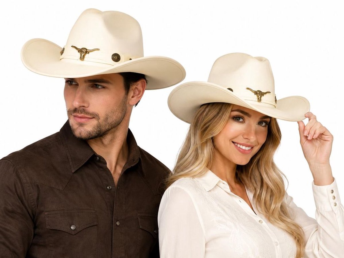 Luxe Cowboyhoed Crème Wit – Unisex Western Hoed met Bull Embleem – Festival, Carnaval & Country – One Size