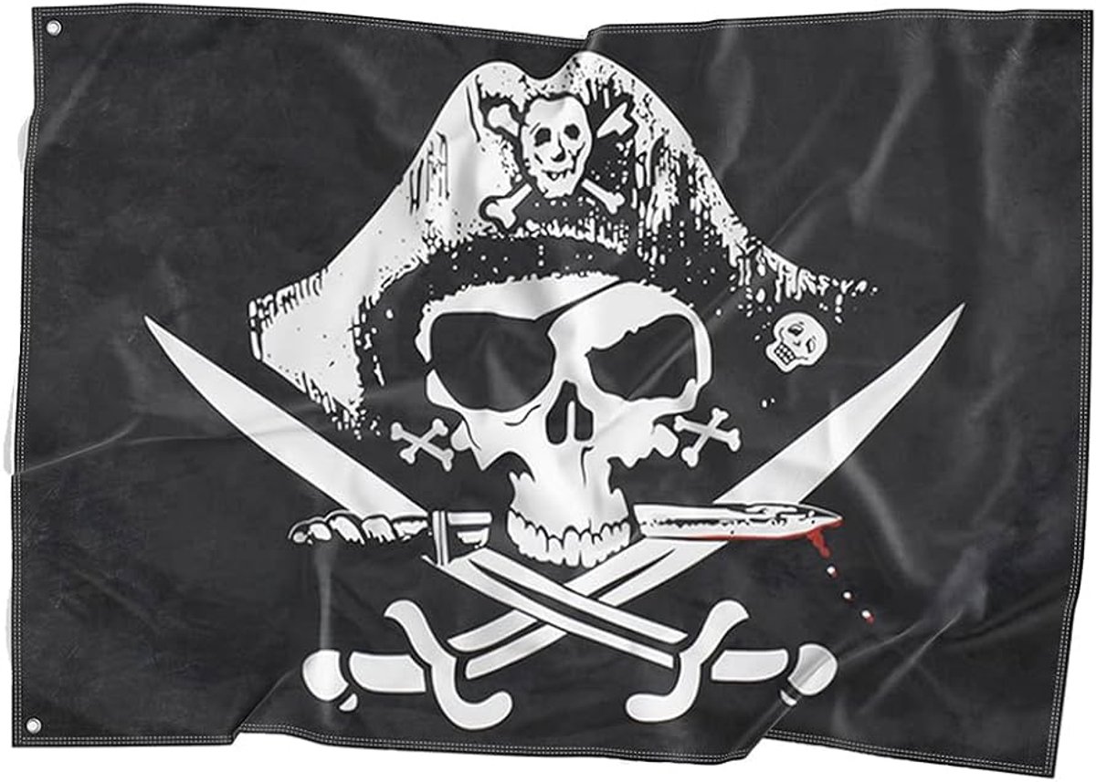 Piratenvlag - Piraat vlag - 90x150 cm - Schedel - Doodshoofd - Zwart/wit/rood - Pirate flag - Piratenthema - Piratenfeest - One Eyed Jack - Jonyx