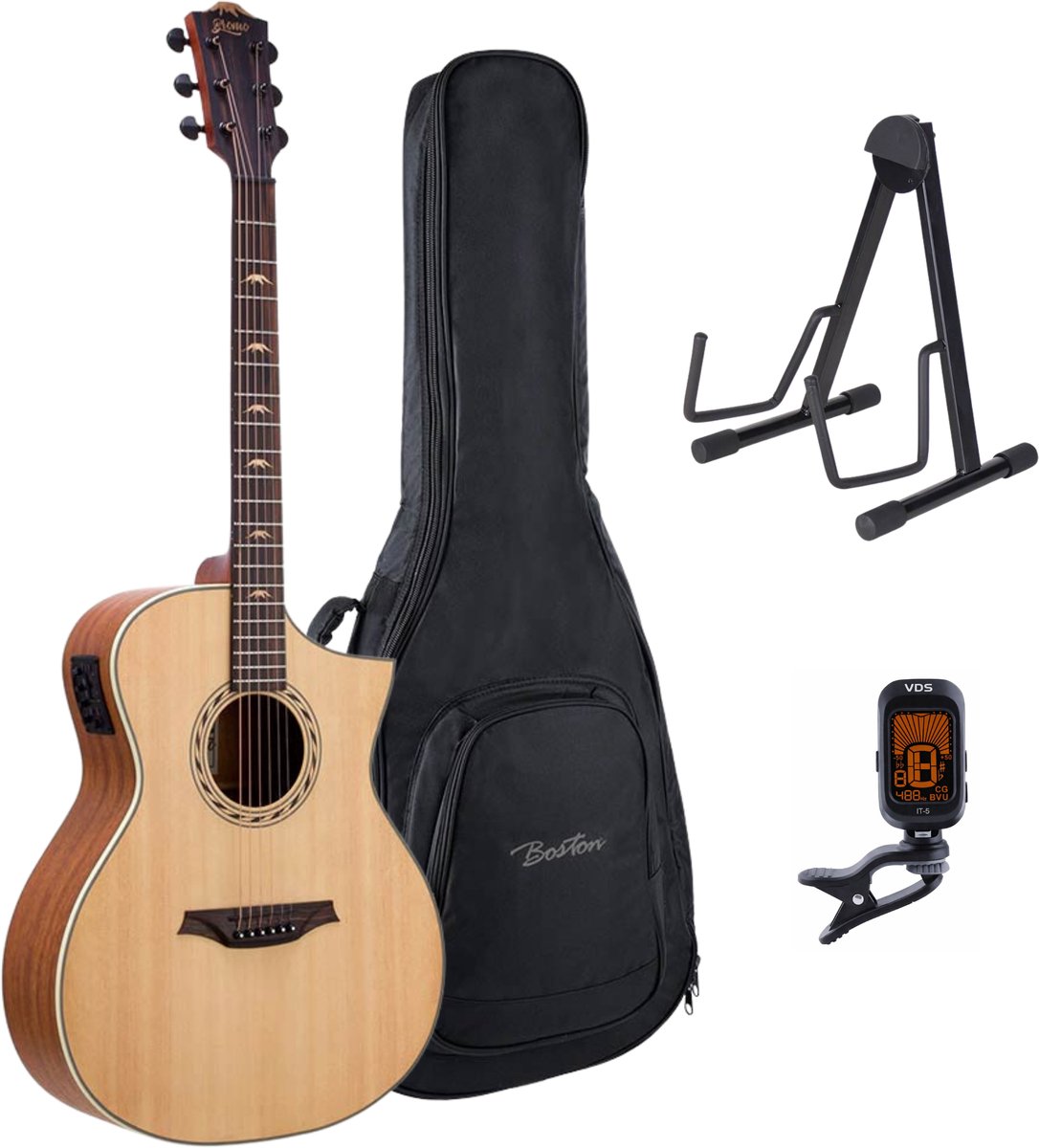 Bromo BAA4CE Appalachian Series Gitaarset – Hillside Auditorium Cutaway met Preamp, Gigbag, Standaard en Tuner