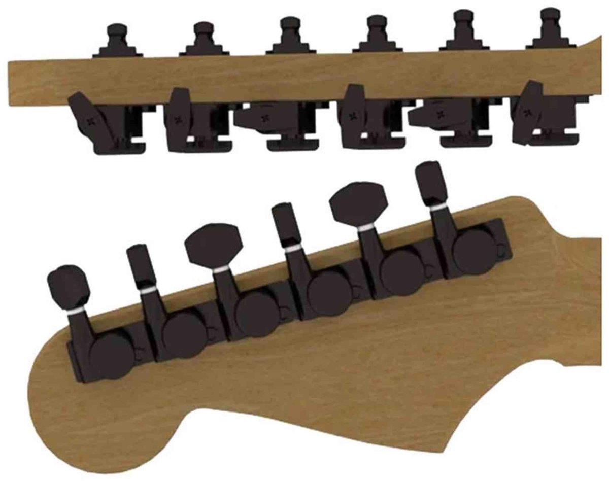 Hipshot HS6K1EL0BST Gitaar tuner upgrade kit, 6 inline Grip-Lock, closed staggered zwart