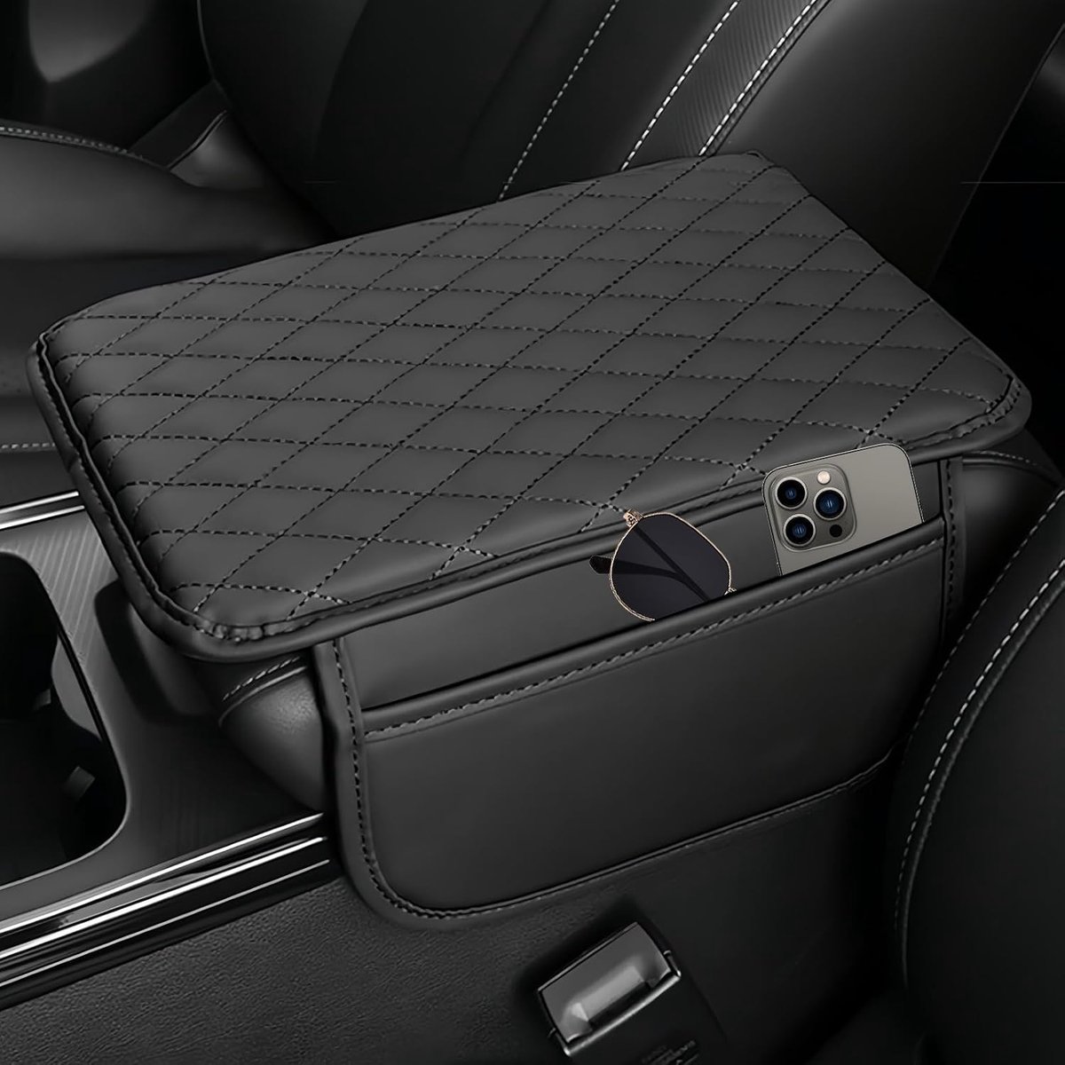 Gestoffeerde auto middenconsole Armleuning Kussen Leer, Auto middenconsole stof met opbergzak voor de meeste auto's, bestelwagens en SUV's (Zwart)