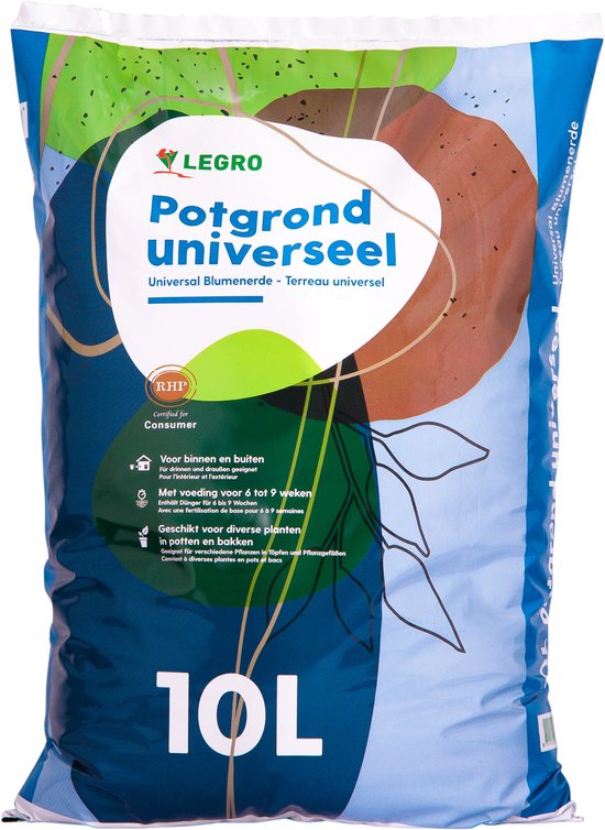 Legro Potgrond universeel 10L in blauw-witte zak met abstracte bruine en groene patronen.