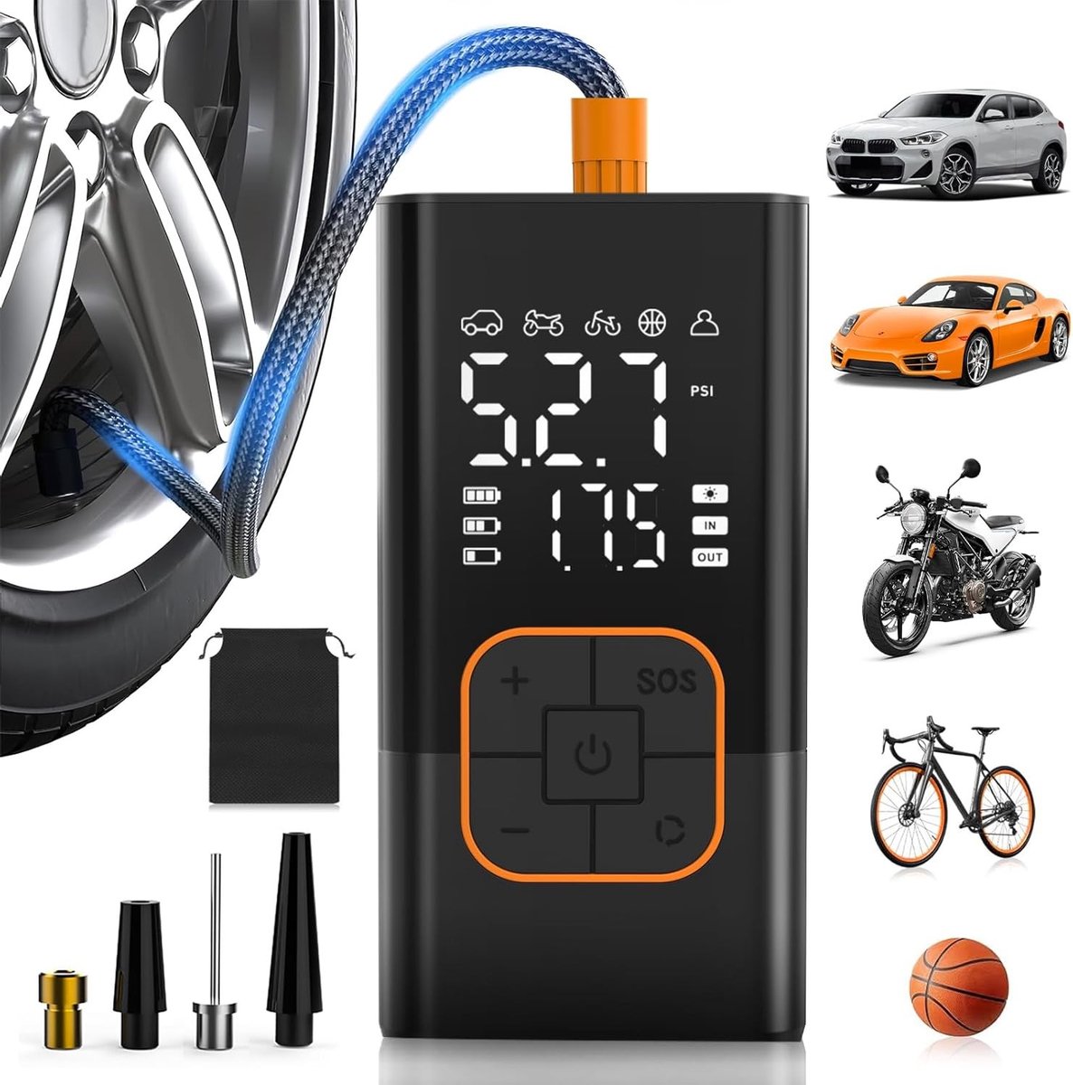 Draagbare Luchtcompressor - Zwart - Compact - Elektrische Fietspomp met LED-lampje - Voor Auto, Motor, Fiets, Bal