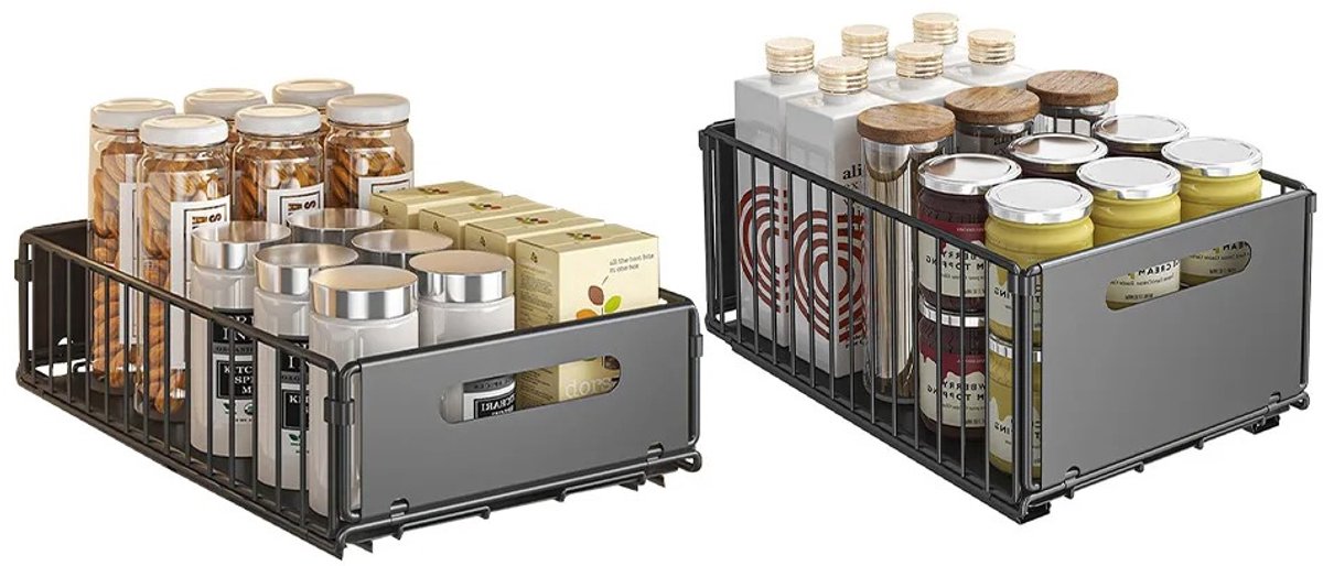 Archi Uittrekbare Kastorganizer – Keuken Organizers - Set van 2 – Schuiflade Opbergrek – Keukenkast Organizer – Koolstofstaal – Zwart