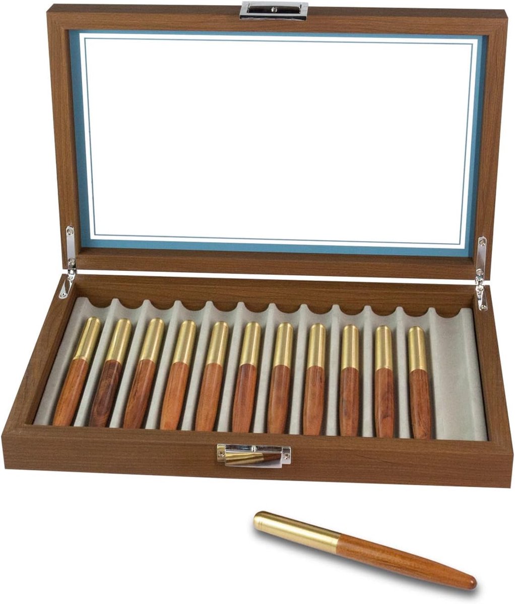 SnelShoppen - Houten Penhouder Opbergdoos voor 12 Pennen - Desk Organizer van Walnotenhout met Vouwdeksel en Decoratief Patroon - Ideaal voor Thuis, K