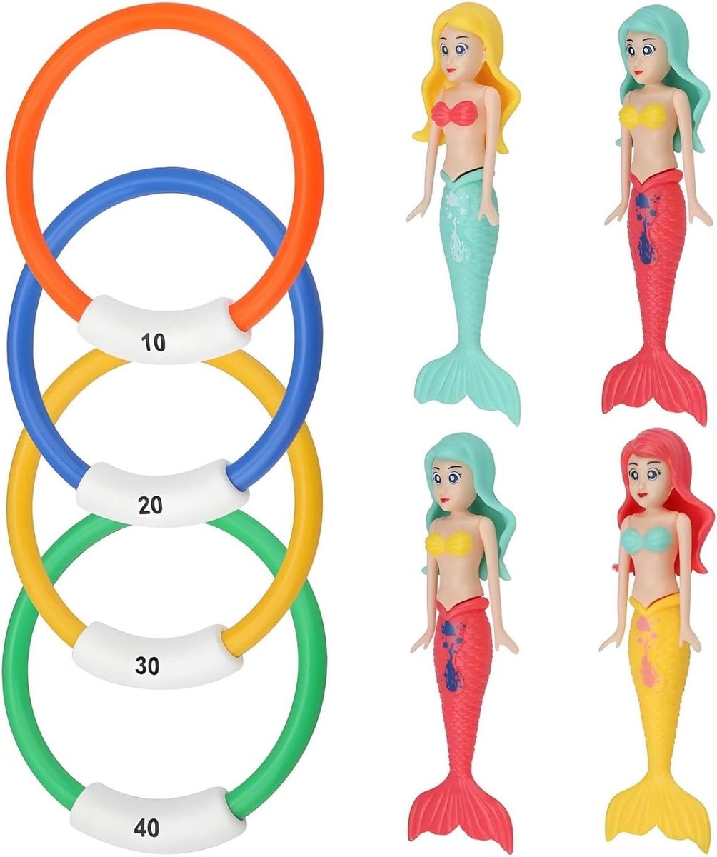 8 stuks duikspeelgoed voor kinderen, onderwaterduikringen, snel naar de bodem zinkend, zeemeermin-duikspeelgoed, voor zwembad en duiktraining