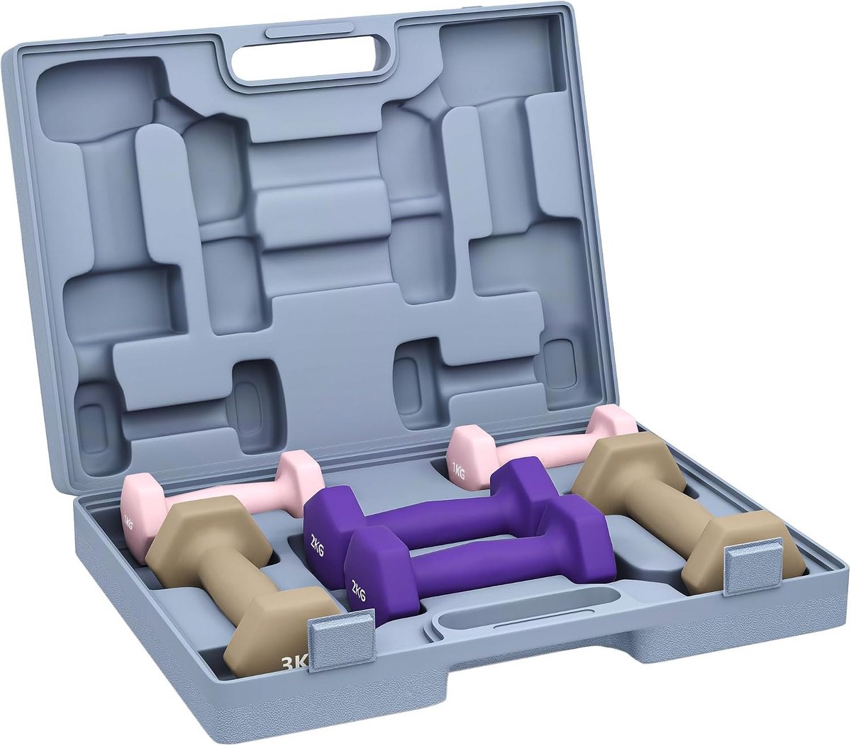 Halterset, zeshoekige halters, totaal 12 kg, met koffer, 6 stuks, 1 kg, 3 kg, met PU-coating, voor thuis, sportschool, staal, meerkleurig