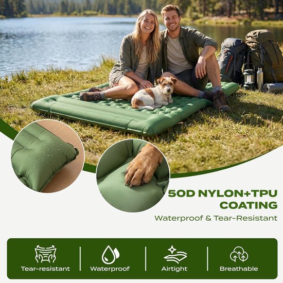Campingslaapmat met Kussen, Waterdicht en scheurbestendig 50D nylon XXL Luchtmatras met ingebouwde voetpomp, Olijfgroen, 196x135x12cm — afbeelding 5