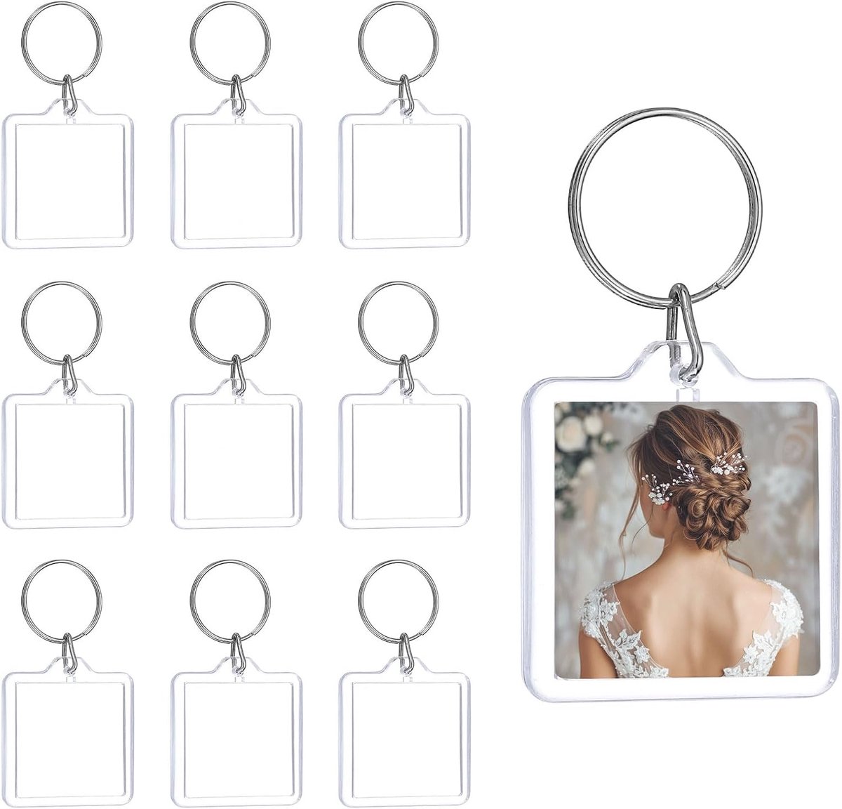 10 stuks fotolijst-sleutelhangers van transparant acryl, 4,1 x 4,1 cm, vierkant, blanco, voor fotoaccessoires